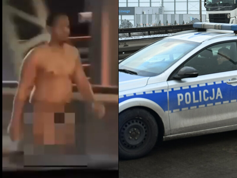 Nagi czarnoskóry mężczyzna szedł nocą środkiem ulicy w kierunku kobiety